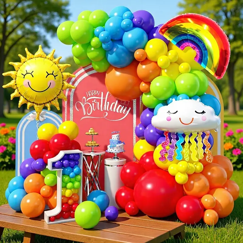 129Pcs Rainbow Sun & Cloud Balloon Garland Kit, Smiling Face Sun and Cloud Foil Balloons for Kids Birthday Photo Backdrop Decor, Perfect for Children Birthday Parties and Outdoor Lawn Background Decorations