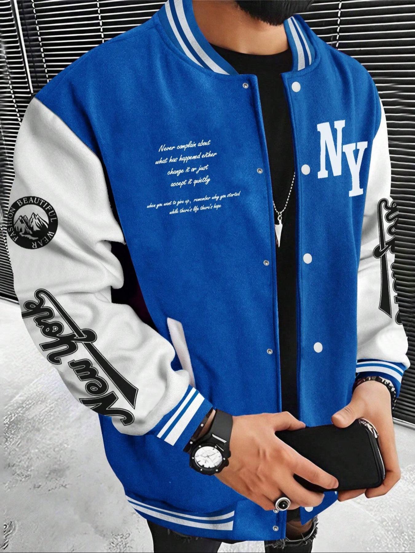 Men's Colorblock & Letter Print Button Front Pocket Varsity Jacket, Regular Fit Casual Drop Shoulder Mock Neck Outerwear for Fall & Winter, Men's Clothes for Daily Wear, Casual Athletic Jacket