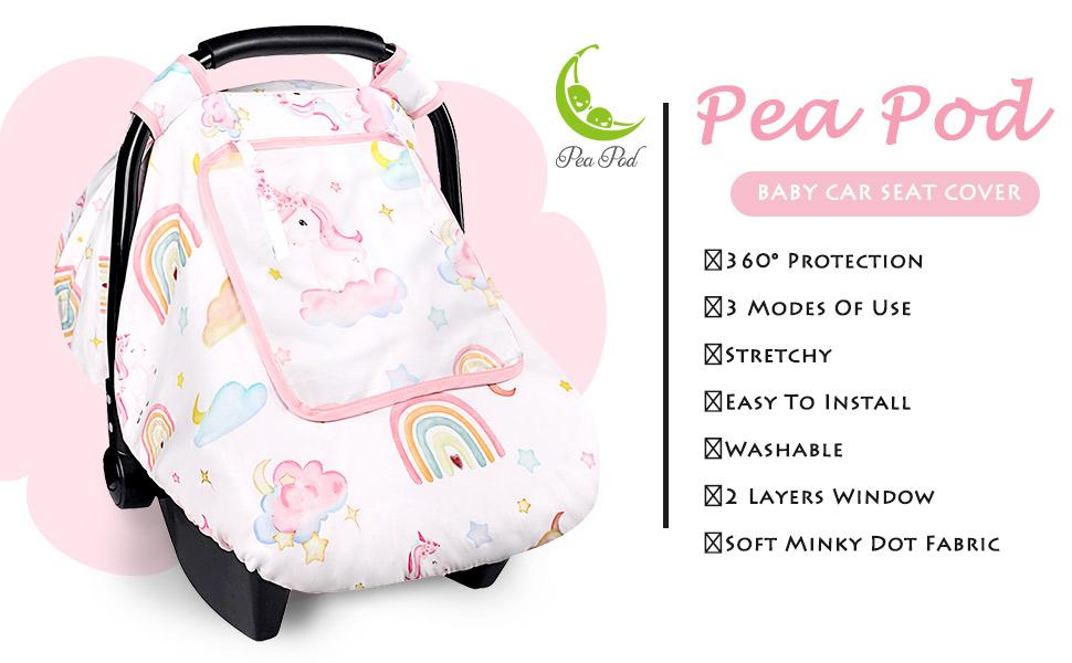 Baby Carseat Cover Girls, Pea Pod Unicorn Infant Car Seat Covers Canopy for Newborn with 2 Layers Windows of Breathable Mesh/Fabric, Lightweight Polyester/Minky Dot Backing, Snug Fit