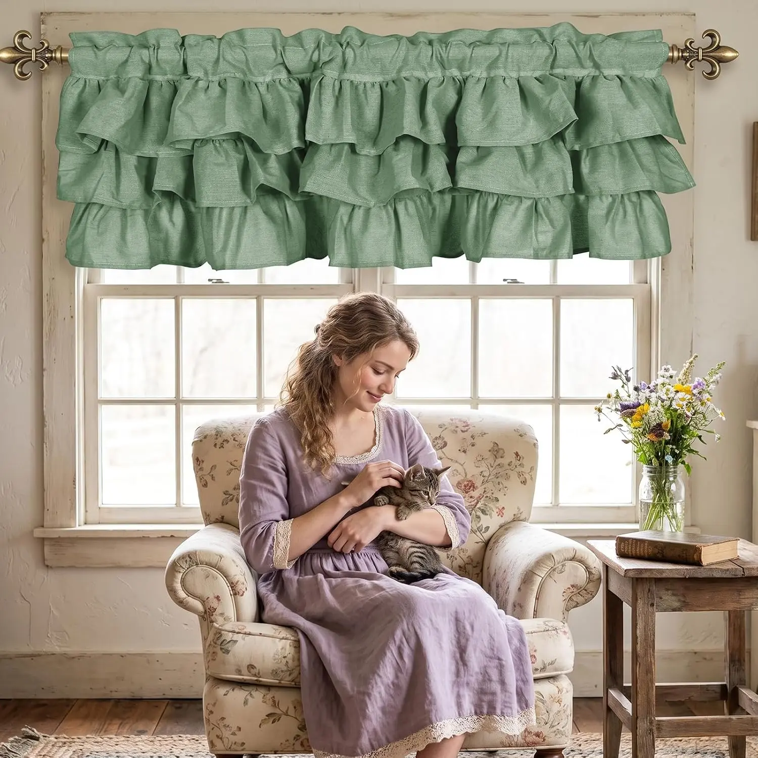 GOSTADY Ruffled Valance Curtain 1-Pack  L Pleated Kitchen Valance Linen Valances for Windows Farmhouse Light Filtering Half Window Valance Rod Pocket