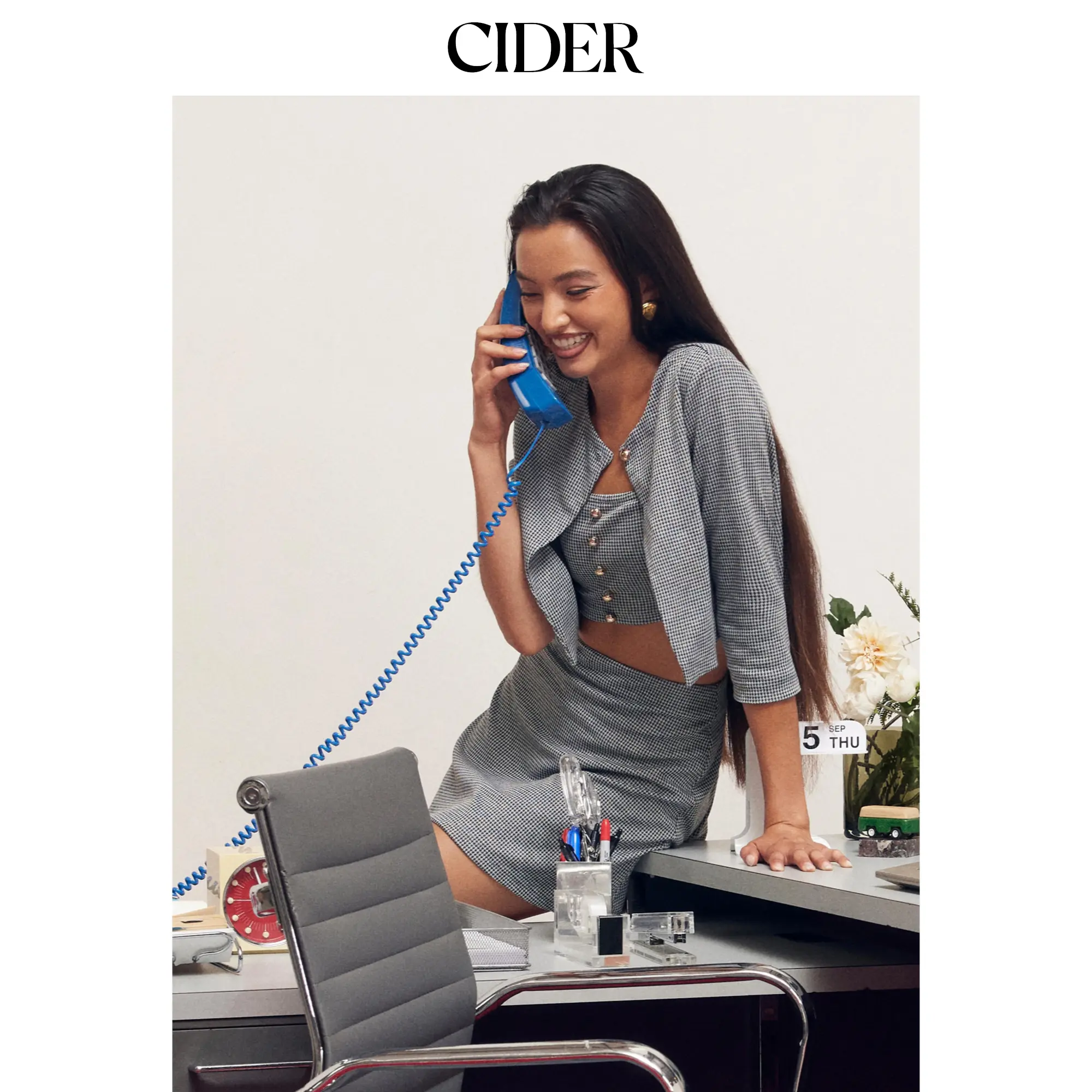Cider [size 2-10] Round Neckline Solid Houndstooth Middle Sleeve Cardigan & Button Crop Cami Top With Mid Rise Mini Skirt Set