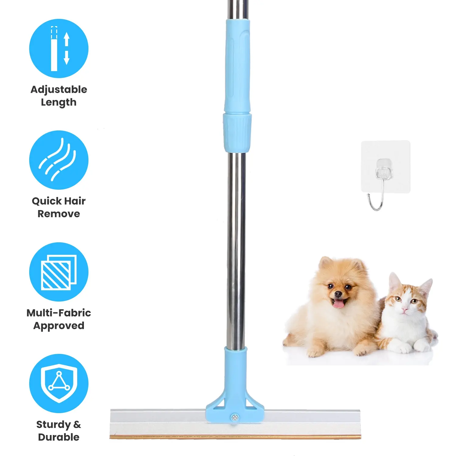 1Pc Pet Hair Removal Rake - 54.33in Adjustable Telescopic Rod, Multi-Fabrics Dog Cat Hair Scraper for Quick Clean on Carpet, Couch, Lint Shaving Compatible with Clothes