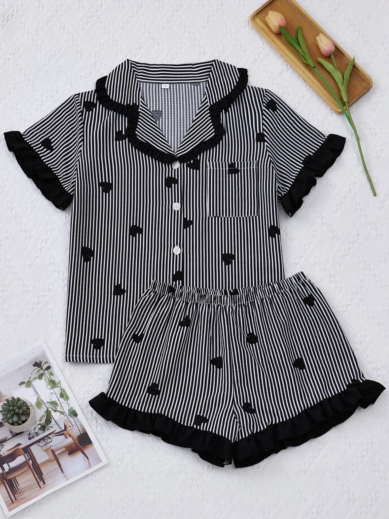 Women's Fashion Sleepwear Set, Two-Piece Striped Heart Pattern Collared Cardigan, Short Sleeve Shorts, Casual Home Wear, Comfortable Lounge Pajamas, Loungewear