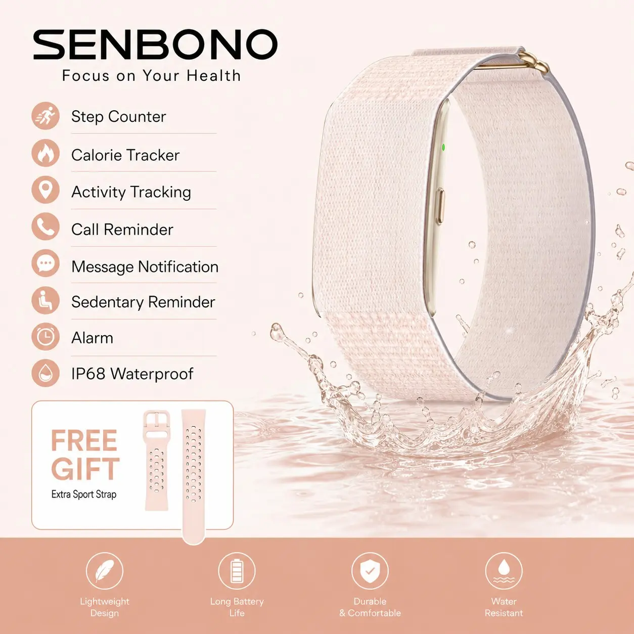SENBONO Smart Health Band, Step Counter, Calorie Tracker, Real-Time Distance Display, Sleep Pressure Hrv Monitoring, Long Battery Life
