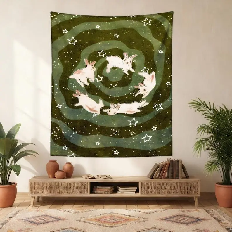 Rabbit Starry Tapestry, Cute Fantasy Wall Hanging, Dreamy Night Sky Decor, Cottagecore Aesthetic Room Decor, Whimsical Wall Art, Home Decor