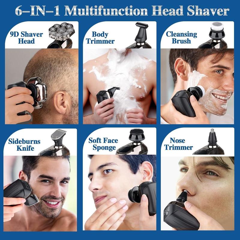 6-in-1 Electric Head Shaver, Waterproof Wet/Dry Grooming Shaver & Accessories, Cordless Rechargeable Bald Head Razor for Home & Travel, Multifunctional Epilator