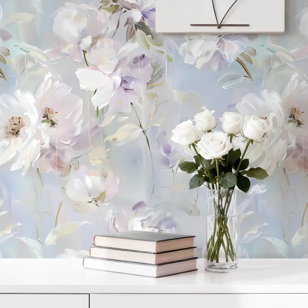 Light Blue Watercolor Peony Floral Wallpaper, Peel and Stick, Cottage Style, for Bathroom, Bedroom, Living Room, Summer & Wedding Decor, Housewarming Gift