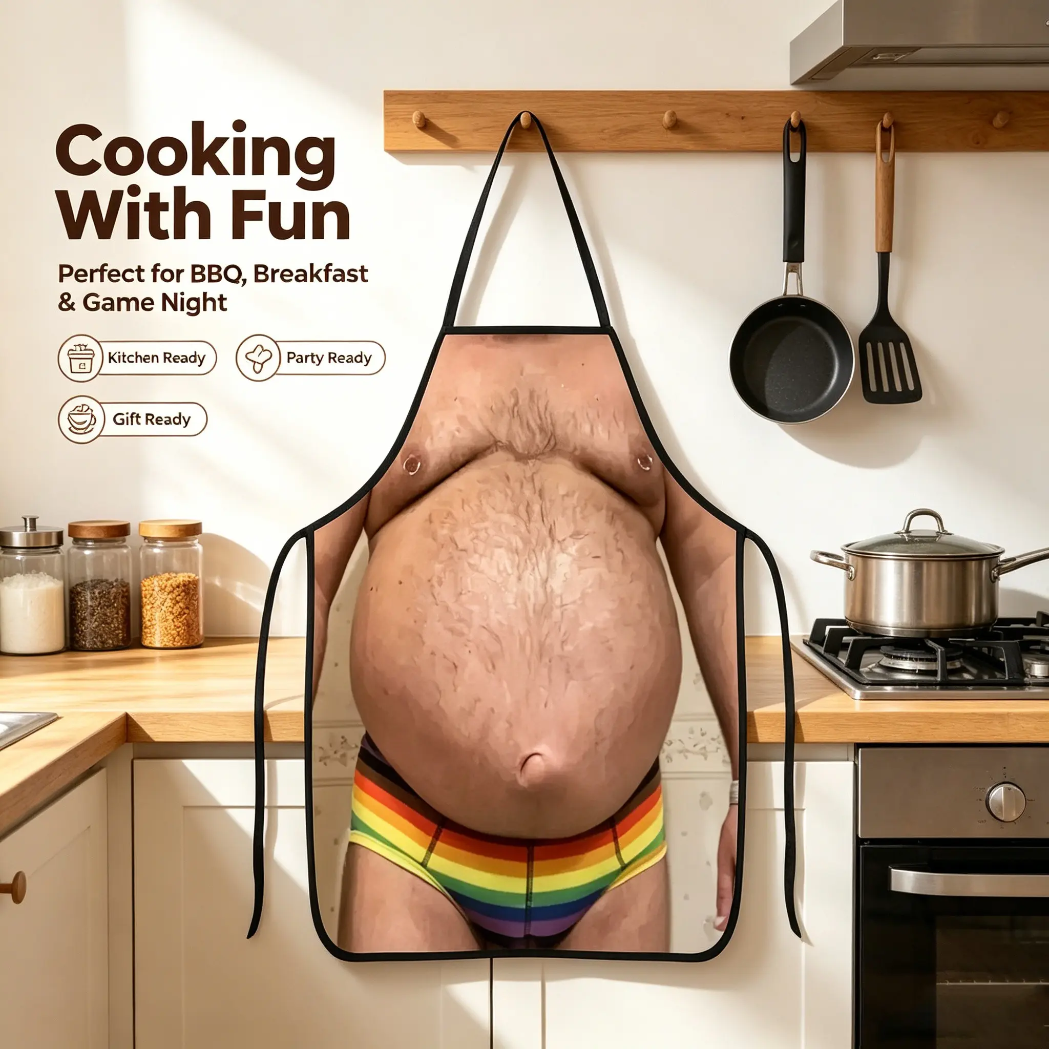 Funny Rainbow Brief Dad Bod Apron, Realistic Hairy Beer Belly Novelty Kitchen Apron, Funny Rainbow Stripe Fake Dad Bod Apron, BBQ Party Accessory, Funny Aprons, Novelty Cooking Aprons.1pc