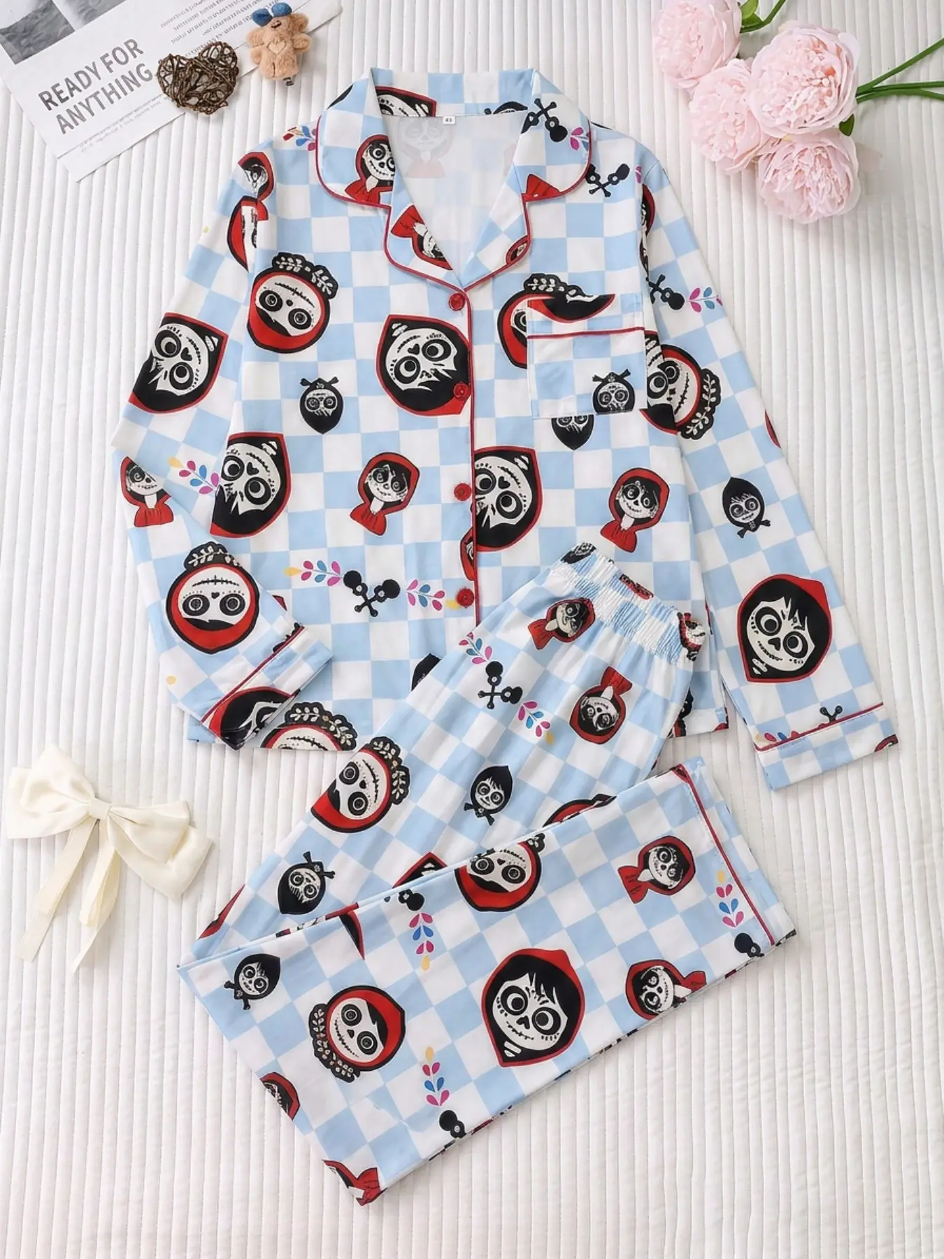 Halloween Dark Cartoon Coco Pajama Set, Long Sleeve Button Front Top, Loose Comfortable Pants, Cute Funny Women's Sleepwear