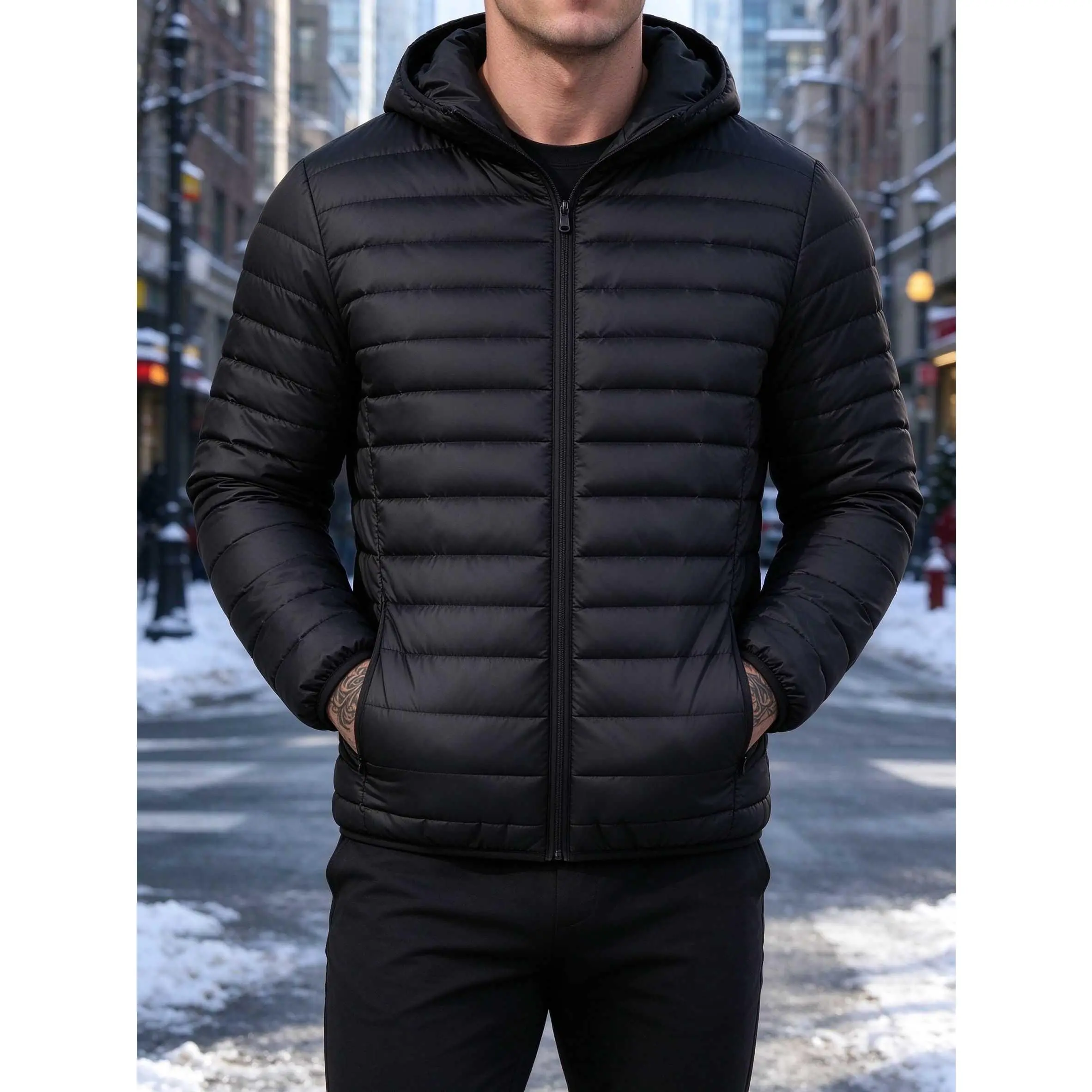 Men's lightweight foldable hooded heated down jacket, windproof and warm, long-sleeved design, full zipper at the front, inner layer for warmth, breathable bubble sleeves, elastic cuffs, suitable for running and traveling.