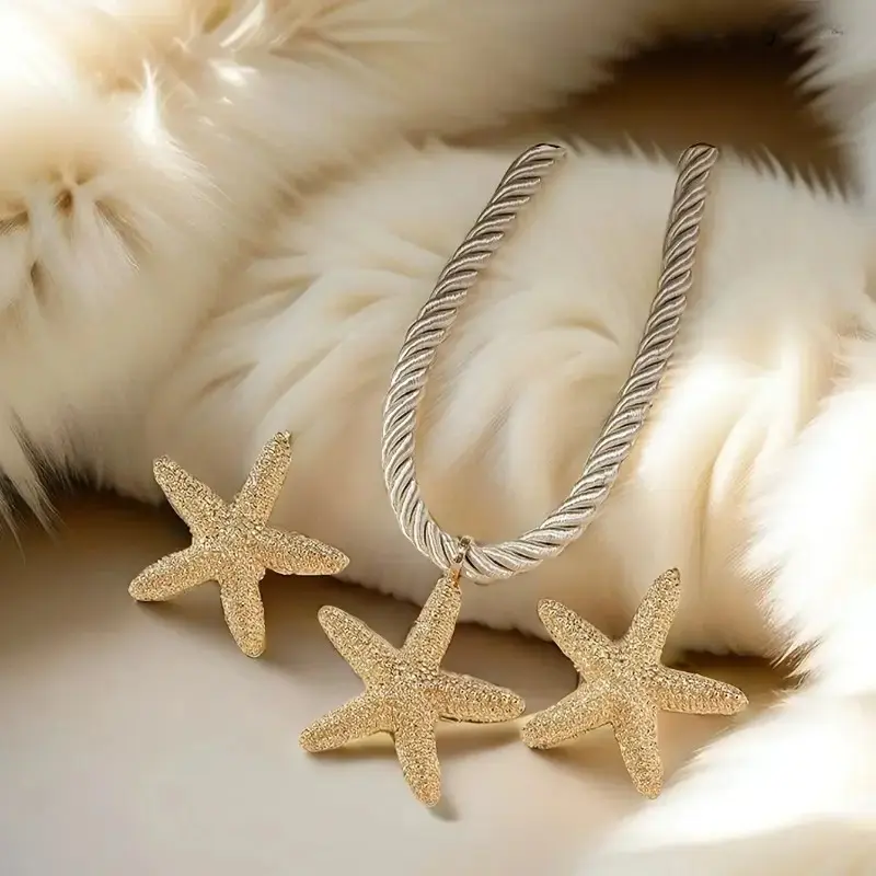 Gold-Tone Starfish Jewelry Set for Women, 3-Piece Boho Necklace and Earrings, Lightweight Nautical Accessories for Beach and Casual Wear, Trendy, Daily Wear, Stylish Accessories, Elegant, Gift Choice, Clothes, 3-Piece Jewelry Set, Steel, Dangle, Beach Lov