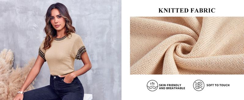 Saodimallsu Womens Short Sleeve Sweaters Tops Summer Ruffle Striped Loose Crew Neck Lightweight Soft Shirts Knit Sweater