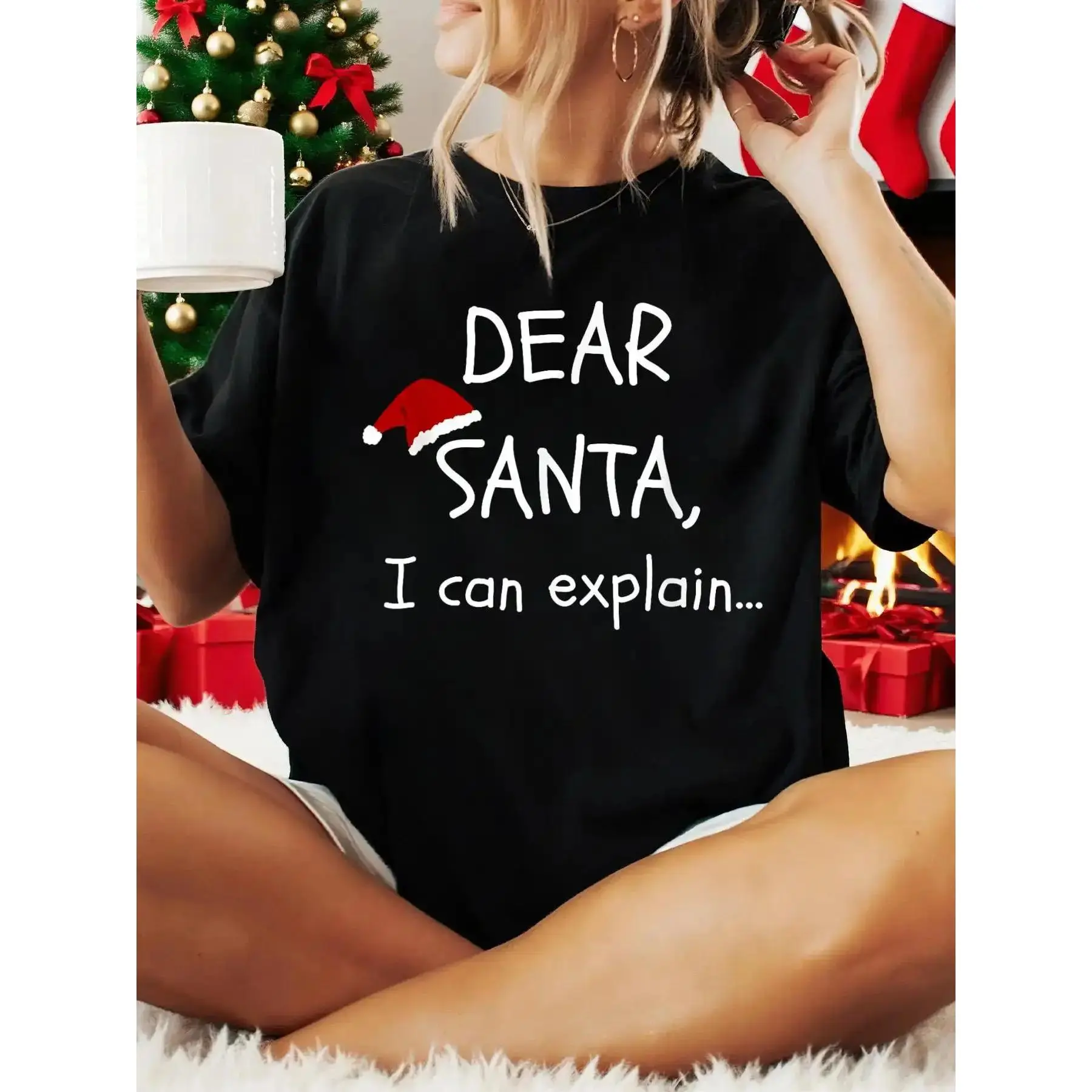 Women's Baggy Merry Christmas Graphic T-Shirt, Funny Quote "Dear Santa I Can Explain" Print, Casual Loose-Fitting Short-Sleeve Party Top, Machine Washable, 3XL, Merry Christmas Graphic Women's T-Shirts