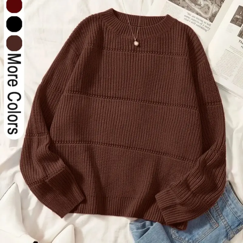 Women's Simple Minimalist Plain Textured Round Neck Loose Sweater, Comfy Clothes for Women, Casual Basic Comfort Drop Shoulder Crewneck Long Sleeve Jumper for Fall, Ladies Knitwear for Fall Daily Wear, Womenswear, Fall Outfits, Earthtone Fallfreshness