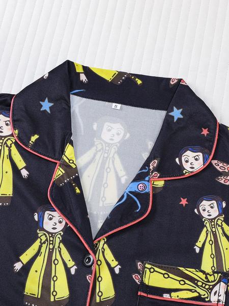 Women's Monkey Print Pajama Set, Short Sleeve Button Front Top & Elastic Shorts, Casual Home Wear, Comfortable Sleepwear, Loungewear