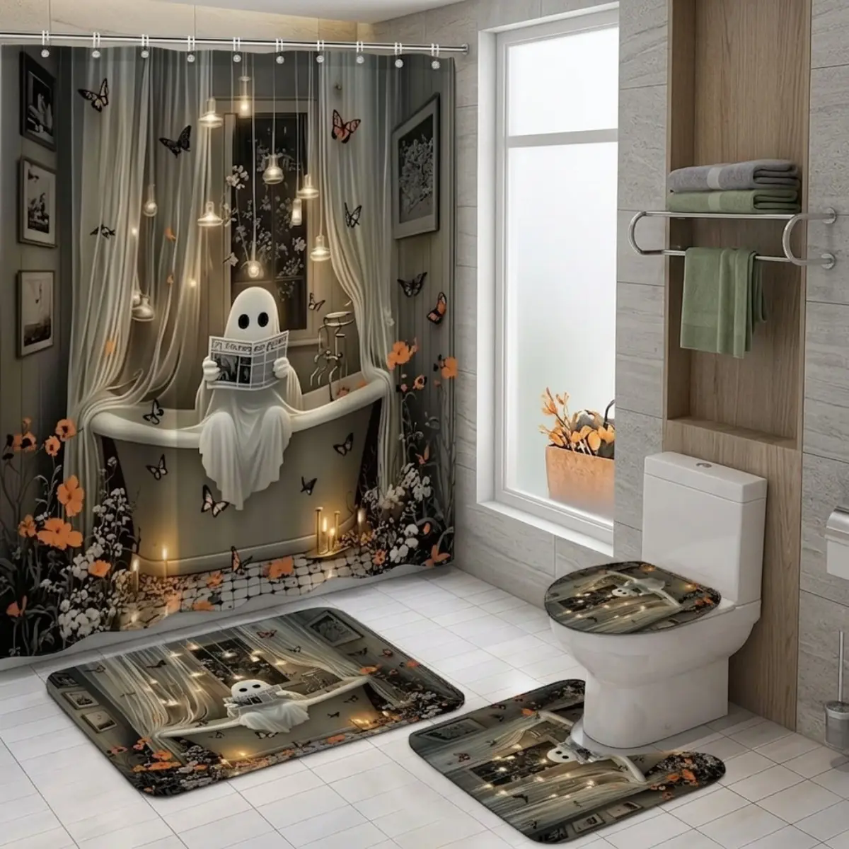 4pcs Halloween Cozy Bathroom Decor Pretty Shower Curtain Set, Black Cat & Butterfly Night Scene with Candles, Spooky Autumn Fall Vibes, TikTok Shop Trending Home Aesthetic