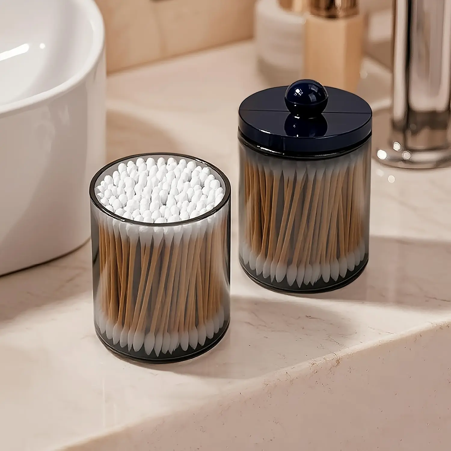 2 Piece Plastic Cotton Swab Organizer Canister Set, Bathroom Vanity Storage, Holds Cotton Balls, Pads, Dental Floss, Hair Clips, Etc