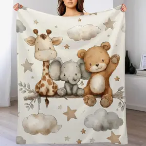 Snuggly Watercolor Safari Animal Baby Blanket - Soft Neutral Crib Throw with Giraffe, Elephant & Teddy Bear Prints for Newborn Boys & Girls, Snuggly Blankets