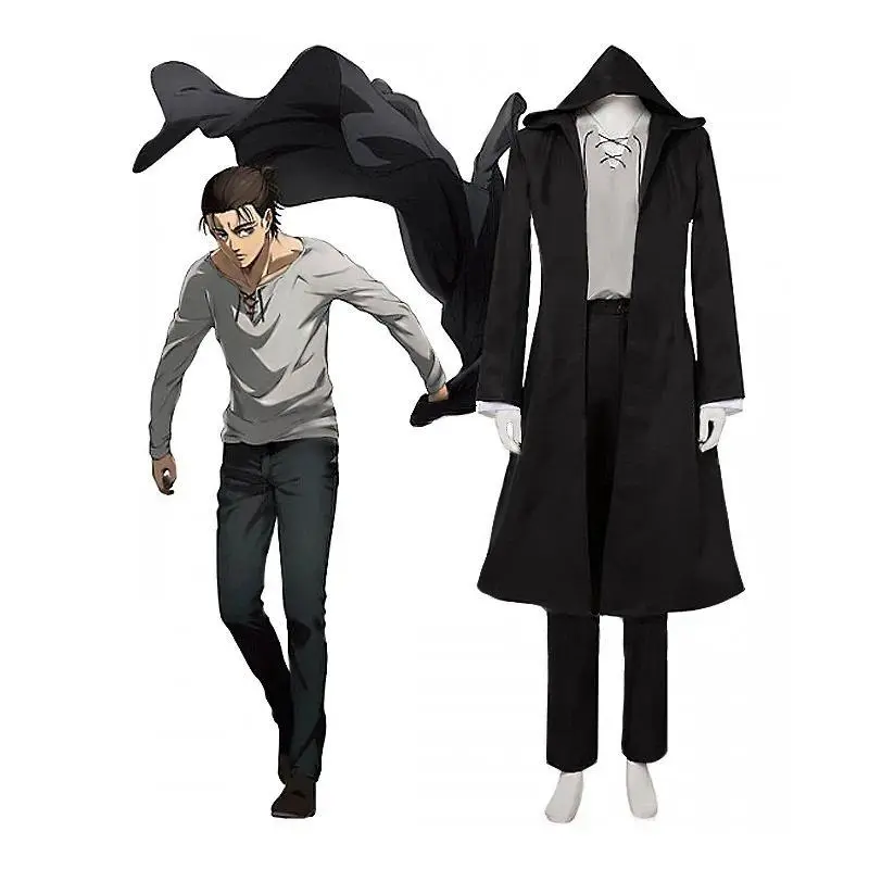 Eren Jaeger Cosplay Costume Anime Titan Costume Wig Cosplay Eren Yeager Black Hooded Trench T-shirt Pants Halloween Clothes