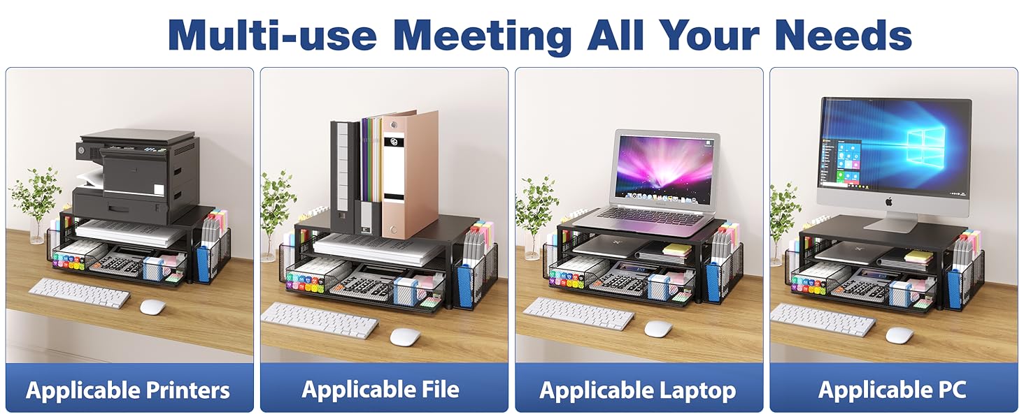 OPNICE Desk Organizer and Accessories, 2-Tier Computer Monitor Stand Riser with Drawer and 2 Pen Holders, Laptop Stand, Office Desk Accessories for Office Supplies, Black OPNICE Desk Organizer and Accessories, 2-Tier Computer Monitor Stand Riser with Drawer and 2 Pen Holders, Laptop Stand, Office Desk Accessories for Office Supplies, Black