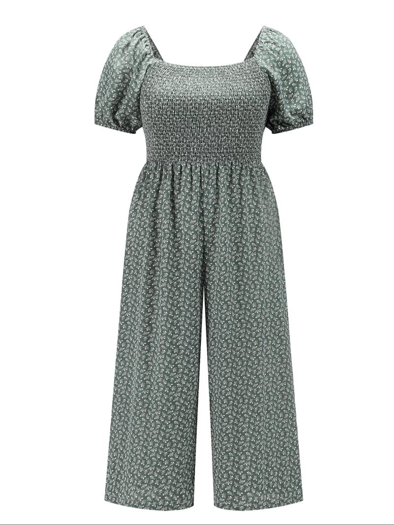 【Plus Size】 All Over Print Shirred Wide Leg Jumpsuit, Casual Short Sleeve Jumpsuit for Summer, Women's Plus Clothing for Daily Wear