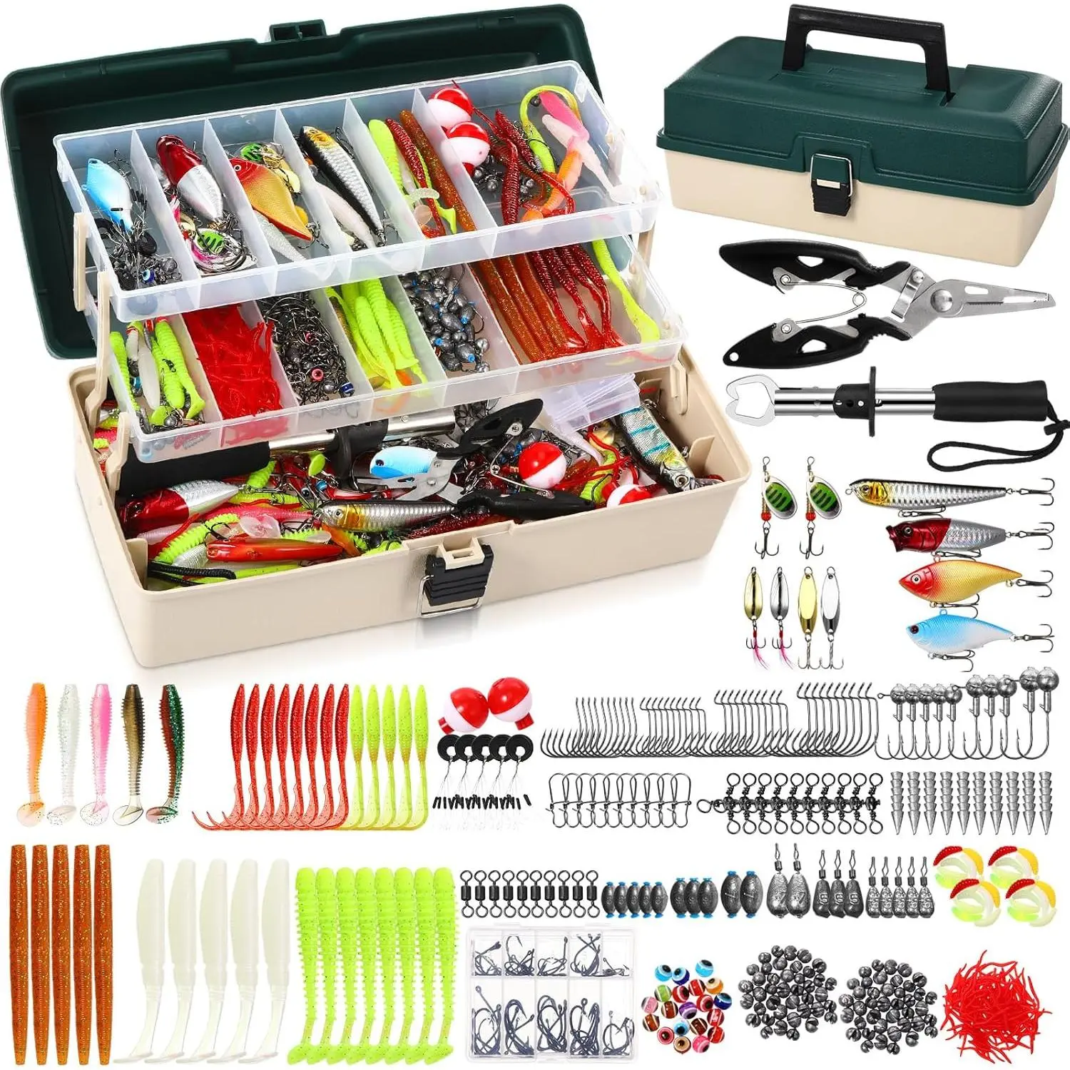 Fishing Tackle Box, Large 3-Layer Dark Green & White Fishing Gear Kit (517-Piece Complete Set for Men) Including Lures, Hooks, Pliers & Accessories