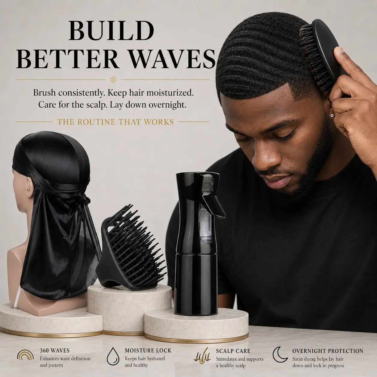4-Piece 360 Wave Care Kit for Men – Medium Bristle Wave Brush, Scalp Massage Brush, Fine Mist Spray Bottle & Satin Durag for Wave Training and Styling