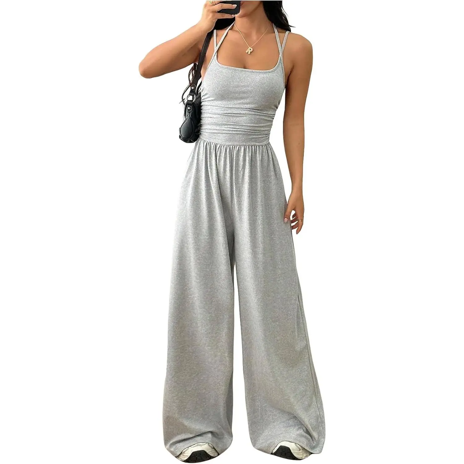 Black Casual Airport Outfit for Ladies, Sleeveless Backless High Waisted Wide Leg Jumpsuit, Summer Smooth Long Romper XS-XXL