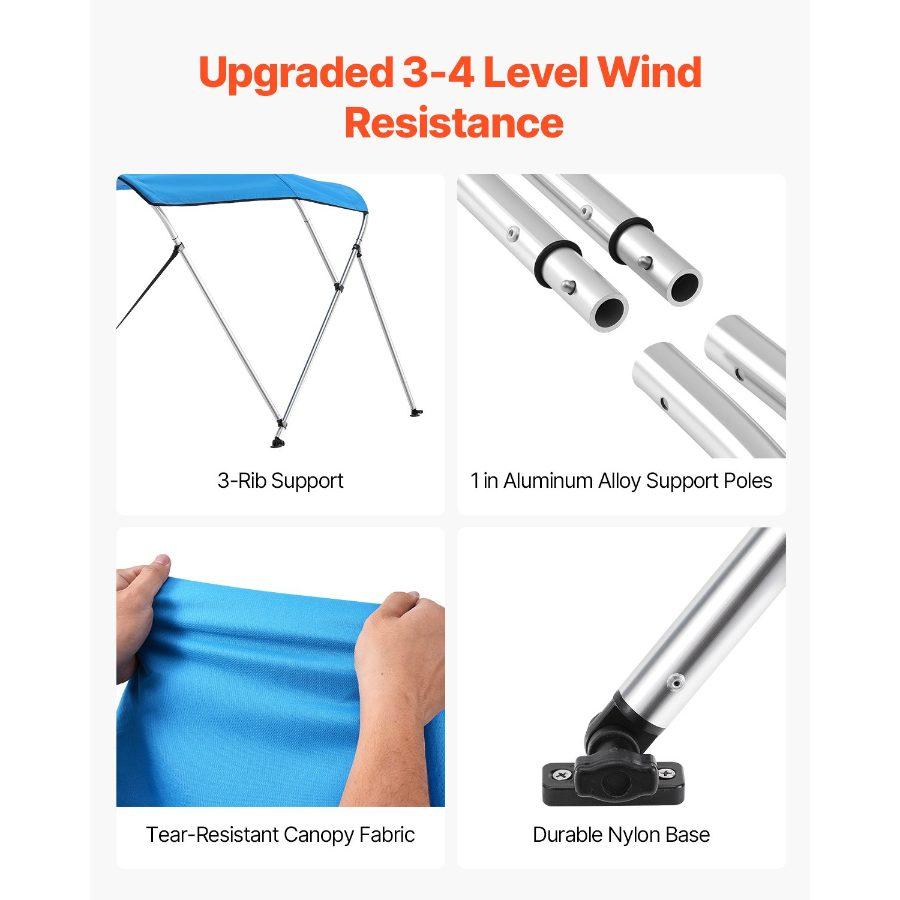 VEVOR 3 Bow Boat Bimini Tops, 600D Polyester Canopy with Aluminum Alloy Frame, Waterproof Sun Shade Boat Awning Canopy with Storage Bag, 2 Support Poles, 4 Straps, 6'Lx(54-60)Wx46H, Pacific Blue