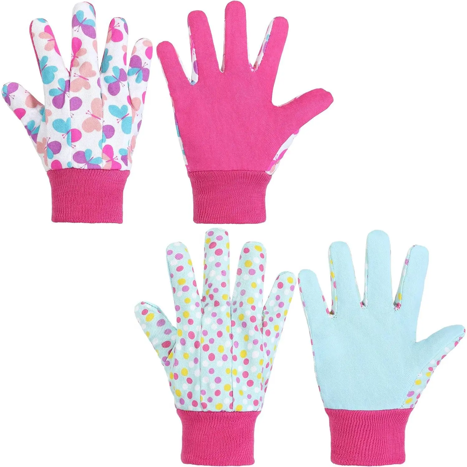 2 Pairs Kids Gardening Gloves, Girls Boys Children Garden Work Play Gloves (Pink Butterfly & Dot, Medium)