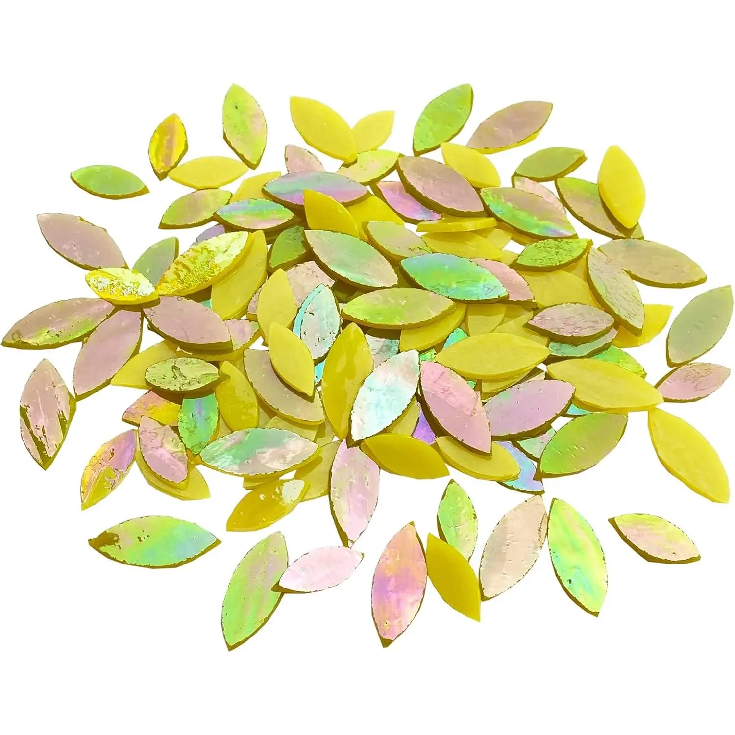 120 count Iridescent Yellow Petal Mosaic Tiles, Hand cut Stained Glass Petals, Floral Mosaic Tiles, Tiffany Glass Flower Petals Supplies Kit for Mosaics and Crafts,  Sizes"