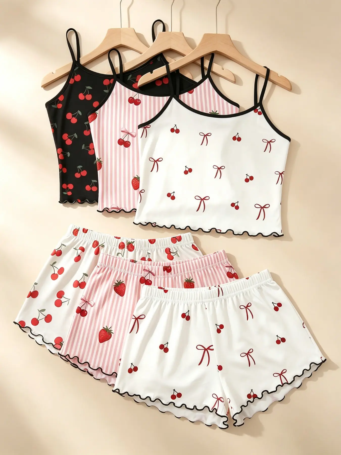 Women's Sleepwear, Loungewear & Lingerie 3 Pack Value Matching Set Cherry Strawberry Bow Stripe Print Summer Spaghetti Strap Ruffle Lettuce Hem Contrast Trim Soft Stretch Lightweight Sleeveless Cami Top Short Pants Casual Two Piece Outfit Home Daily Wear