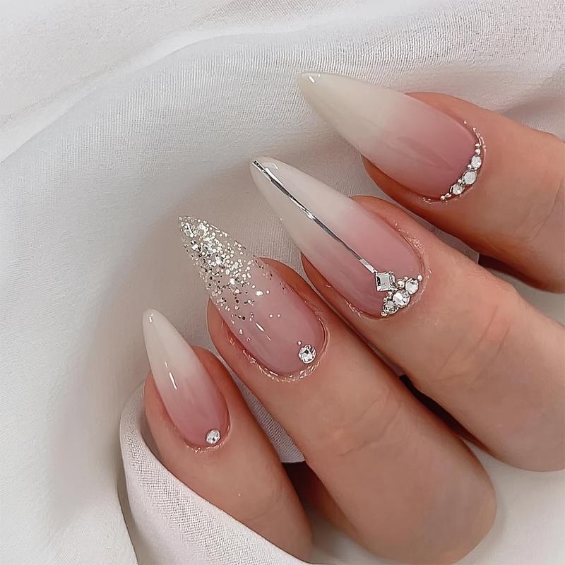 Cross-Border Hot-Selling Nail Tips with Glitter Diamonds Collection European and American Hot Girl Style White French Flower Long Wearable Nails Wholesale