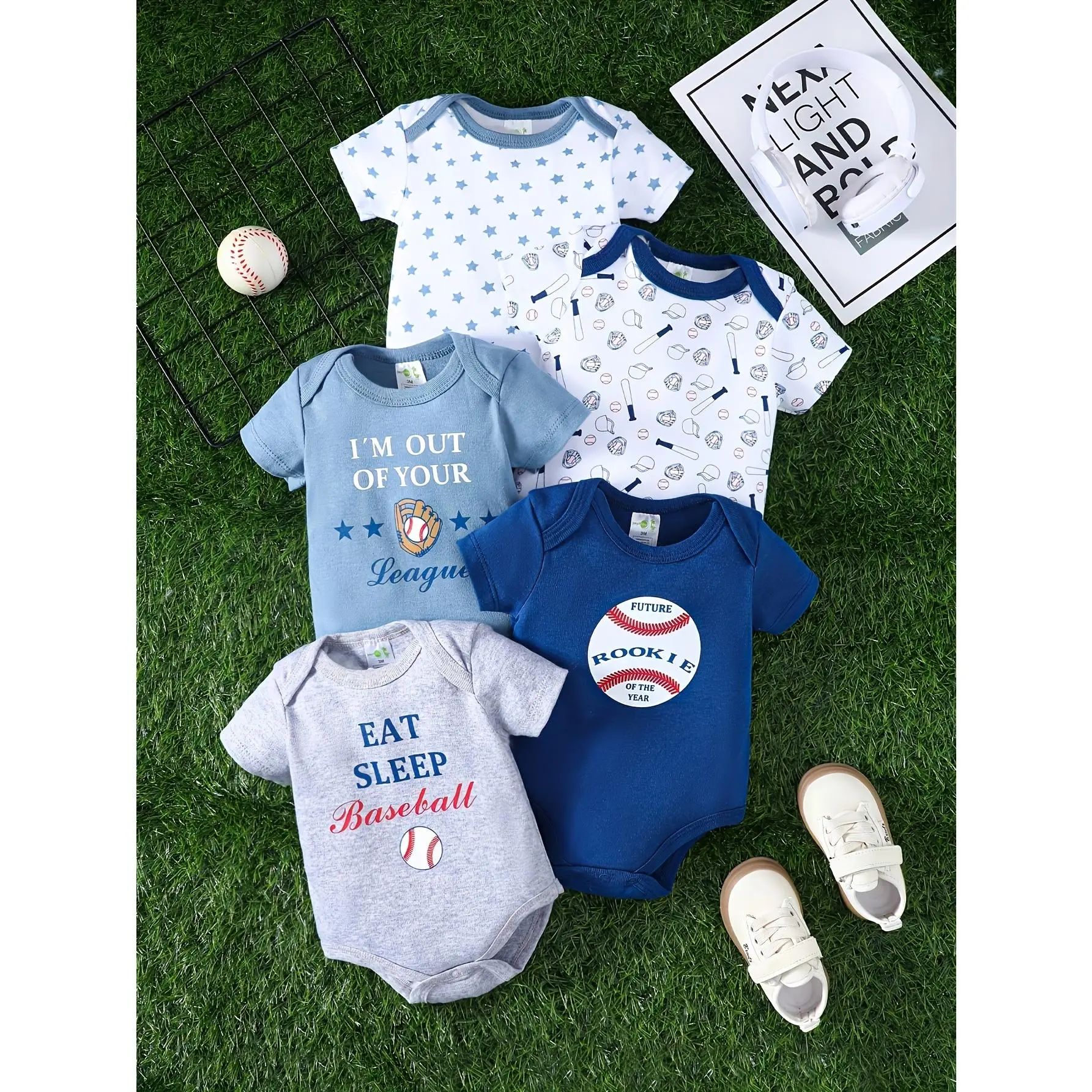5pcs Baby Short-Sleeve Rompers - 100% Cotton All-Season Jumpsuits with Snap Buttons, Baseball Onesies for Outfits (Machine Washable) |   Boys' Playwear & Crawling Suits, Perfect for Outdoor