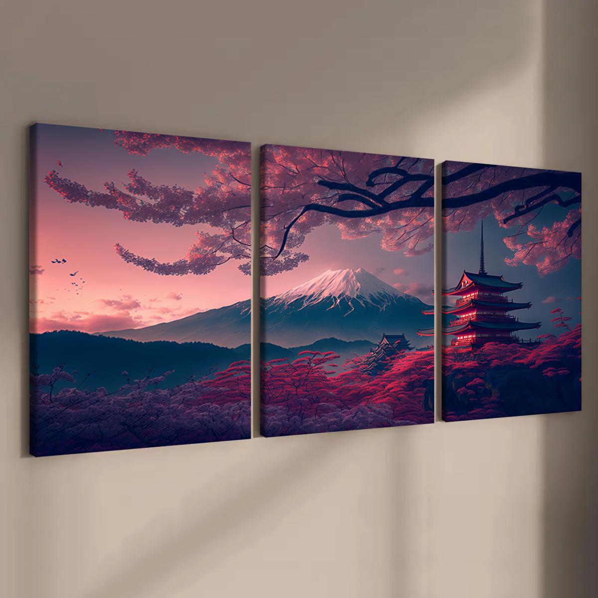 Wooden Framed Canvas Painting, 1-3 Counts/set Water Proof Japanese Style Scenery Canvas Poster, Modern Art Wall Decoration, Home Wall Decor