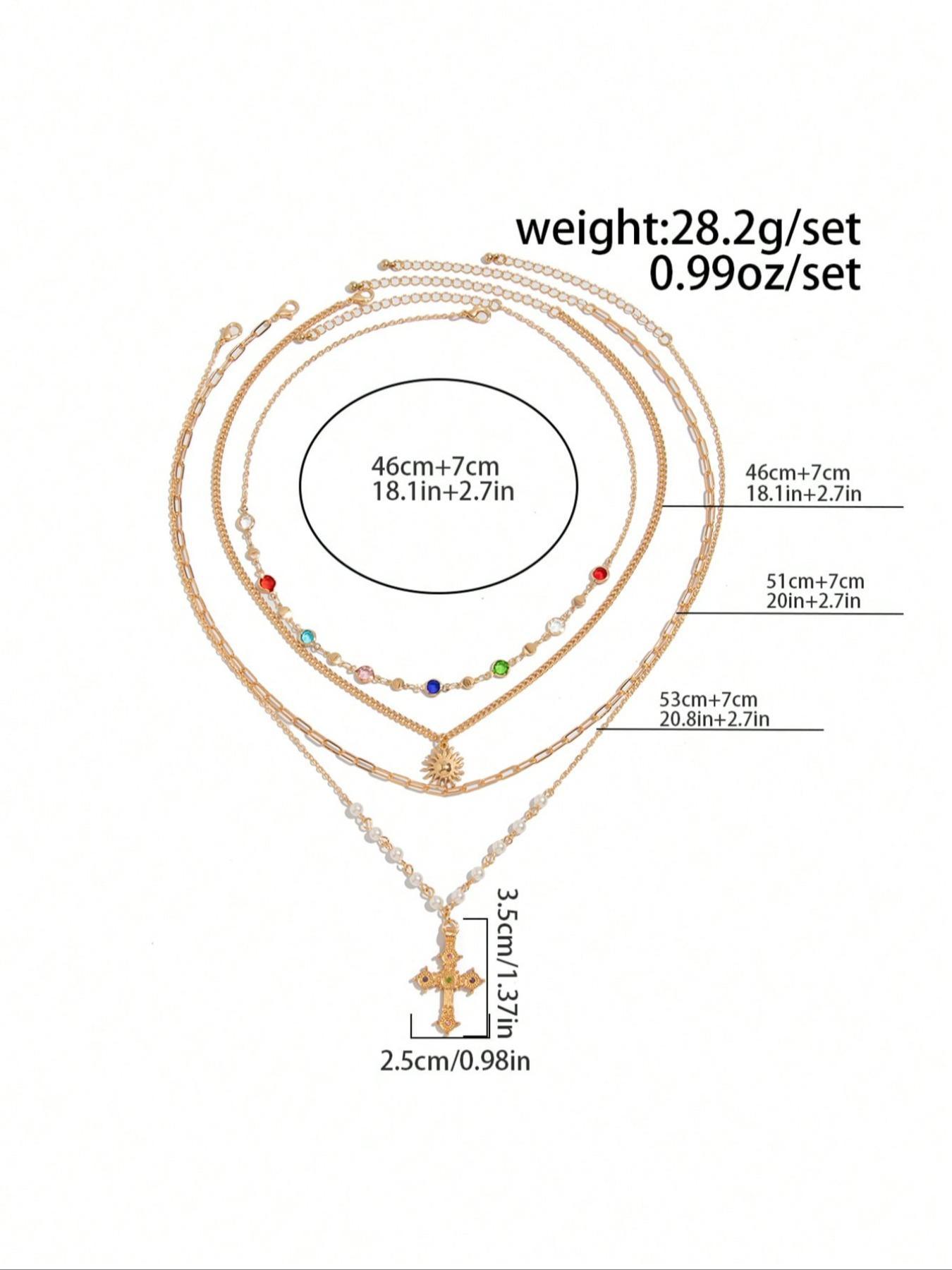 4-piece Vintage Multi-color Rhinestone Cross Sun Pendant Elegant Necklace Set, Durable Alloy Material Adjustable Hip Hop Punk Unique Cross Pendant Jewelry for Men, Couples Necklace, Iced Out Chains