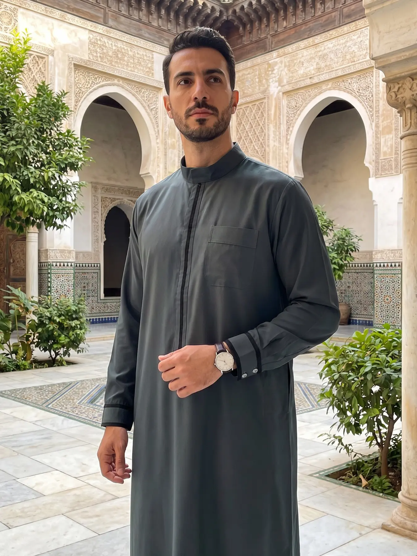 Islamic Traditional Men's Long Robe Thobe, Muslim Thobe, Traditional Arabic Robe, Classic Business Style, Deep Stand Collar, Collared Style Thobe, Eid Al-Adha Festival Wear, Perfect Gift