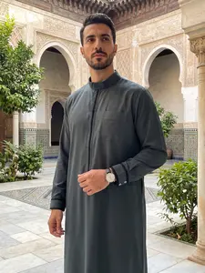 Islamic Traditional Men's Long Robe Thobe, Muslim Thobe, Traditional Arabic Robe, Classic Business Style, Deep Stand Collar, Collared Style Thobe, Eid Al-Adha Festival Wear, Perfect Gift