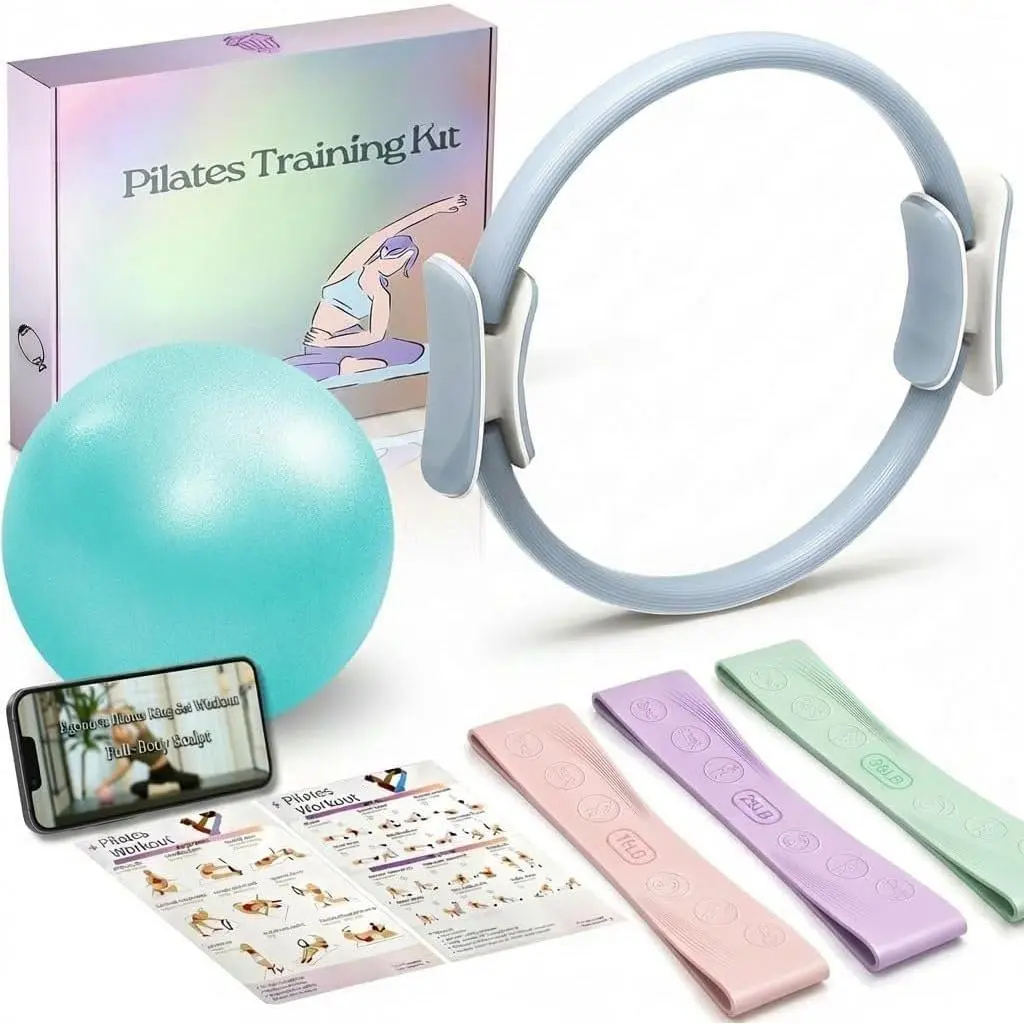 Pilates Ring Set: 14-Inch Magic Circle with  Padded Handles, Pilates Mini Ball, and Resistance Bands (15, 25, 35 lbs) for Strength, Flexibility, Stability, and  Toning