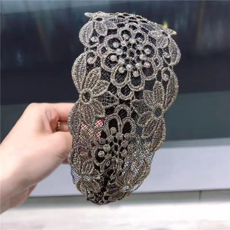 2pcs Vintage Floral Lace Wide Headband, Retro Embroidery Hair Accessory with Gold Glitter Thread for Female Birthday Party, Hollow Flower Embroidery, Fixed Plastic Inner Frame, Luxury, Oversized Wide Band, Thick Headbands, Hollow Flowers, Lace Mesh