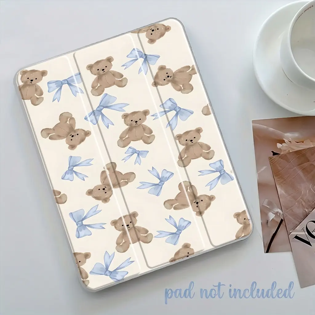 Teddy Bear with Blue Bow iPad Case, Transparent Acrylic Hard Back Panel With Pencil Slot, Suitable for Ipad mini pro air, Scratch-resistant, Ultra-thin, Shock-resistant, Durable Case Suitable for Offices Schools and Homes (Case Only)