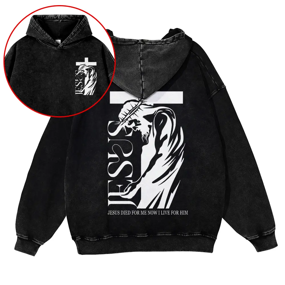 Oversized Vintage Washed Hoodie Men Women Jesus Died For Me Christian Cross Heavyweight Acid Wash Pullover Sweatshirt Streetwear