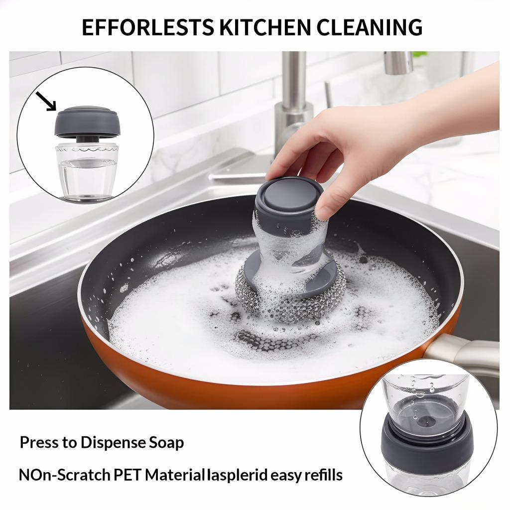 Automatic Liquid Adding Dish Brush, Non-Scratch Pot Scrubber for Camping BBQ, Outdoor Kitchen Cleaning Tool for Hiking, Backpacking & Picnic, Press-Type Dishwashing Brush for Campsite Cookware