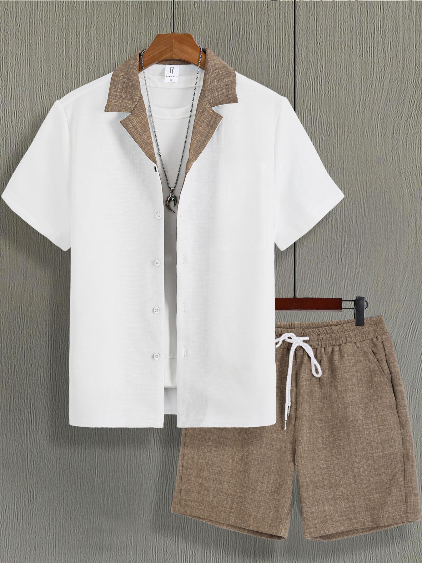 Men's Colorblock Print Short Sleeve Top & Shorts Loungewear Set, Regular Fit Casual Comfy Two-piece Pj Set, Men's Sleepwear for All Seasons, Menswear