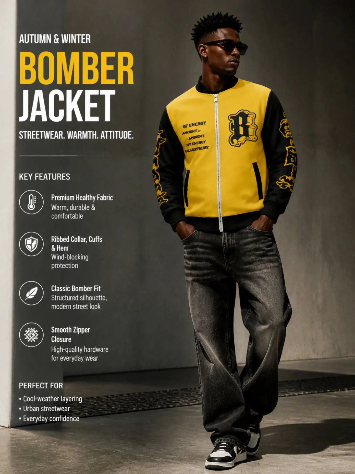 Men's Block Letter B Pattern Full Zip Baseball Jacket, Vintage Gothic School Team Print Windproof Jacket, Fall Winter Outerwear