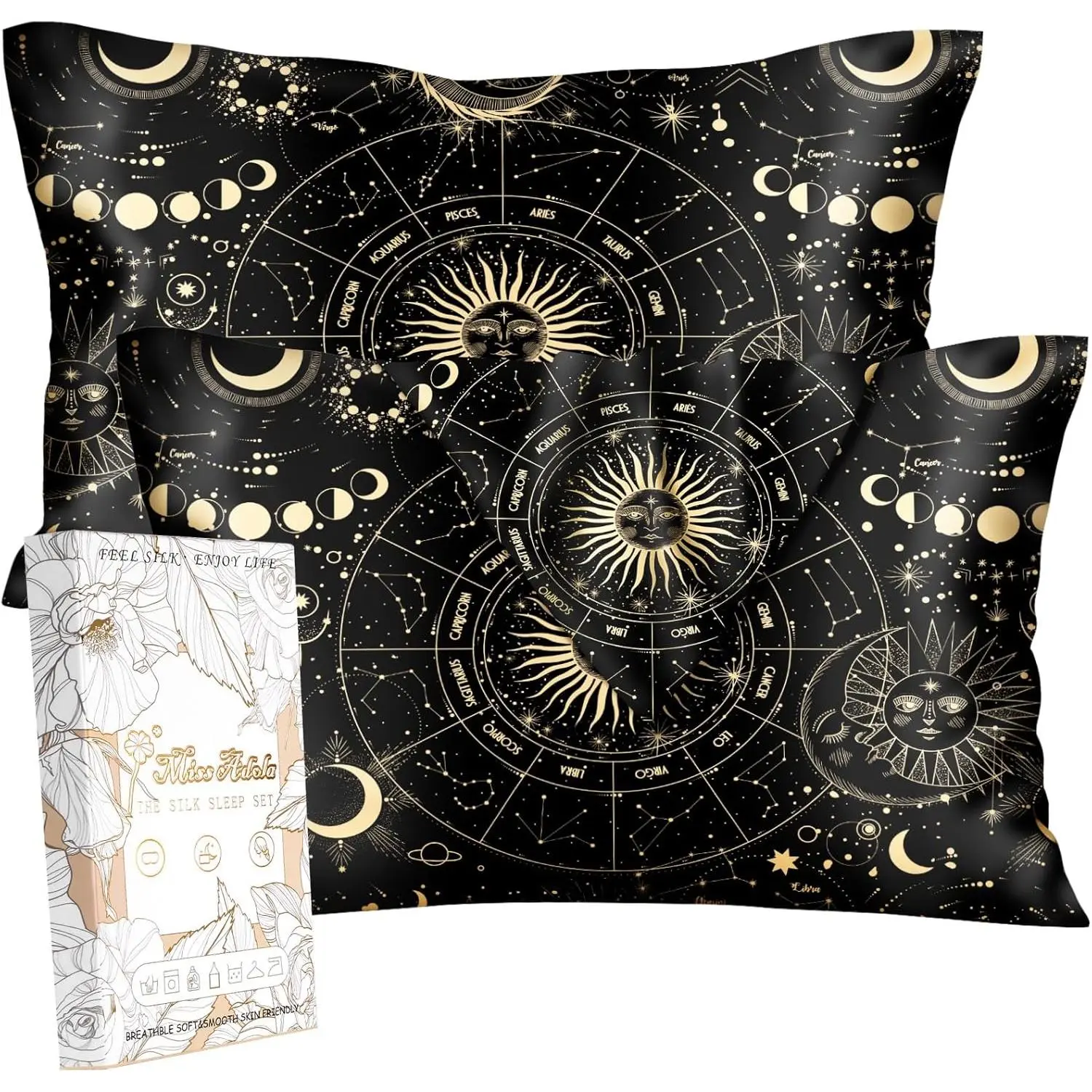 2 Pack Mulberry Silk Pillowcase for Hair and Skin - Standard Size 20 x 26 Inches with Hidden Zipper Sun Moon 19 Momme Soft Sleeping Silk Pillow Case for, Moms