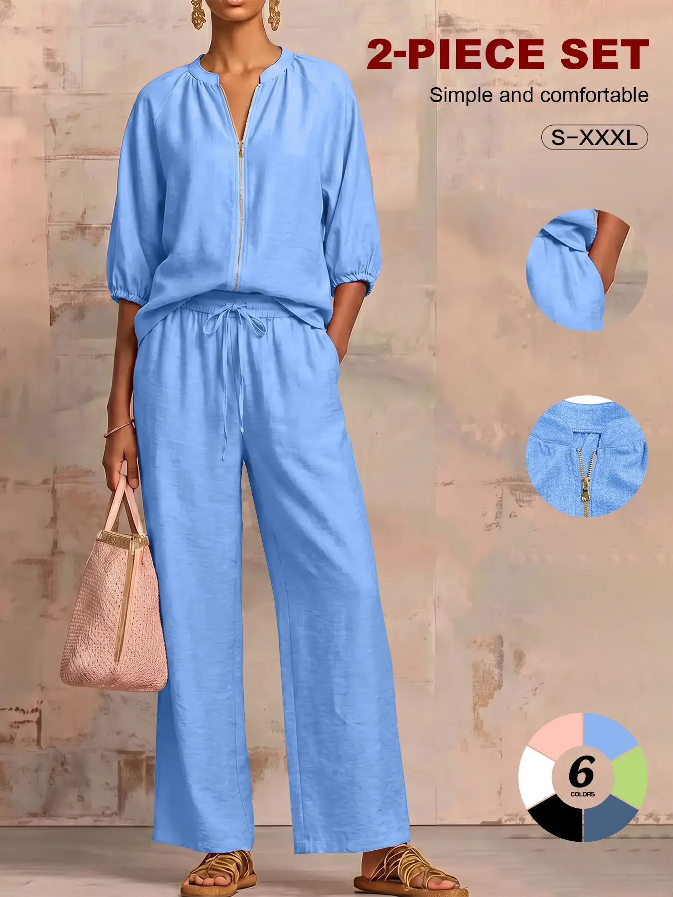 2026 Tiktok Viral Zip-Up 2-Piece Set Women, Half Sleeve Top & Drawstring High Waist Pants, Casual Basic Tracksuit S-Xxxl Clothes