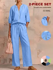 2026 Tiktok Viral Zip-Up Linen-Look 2-Piece Set, Half Sleeve Top & Drawstring High Waist Pants, Casual Tracksuit S-Xxxl