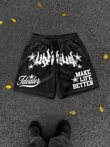 Base Multi-Font Flame Chicano Star Print Shorts, American Y2K High Street Drawstring Wide Leg Sweatpants, Loose-Fitting Letter Pattern