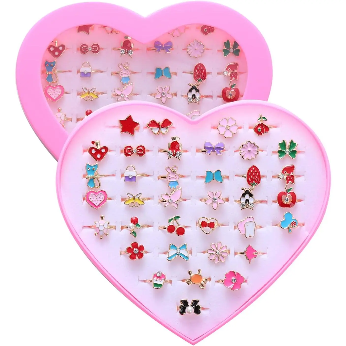 36pcs Little Girl Alloy Jewelry Rings, Adjustable, No Duplication Kids Play Ring in Box,Pretend and Dress Up Rings for 4-12 Year Old Girls Birthday Holiday Gifts, 4 5 6 7 8 9 10 11 12 Year Old Girl Toys for Kids